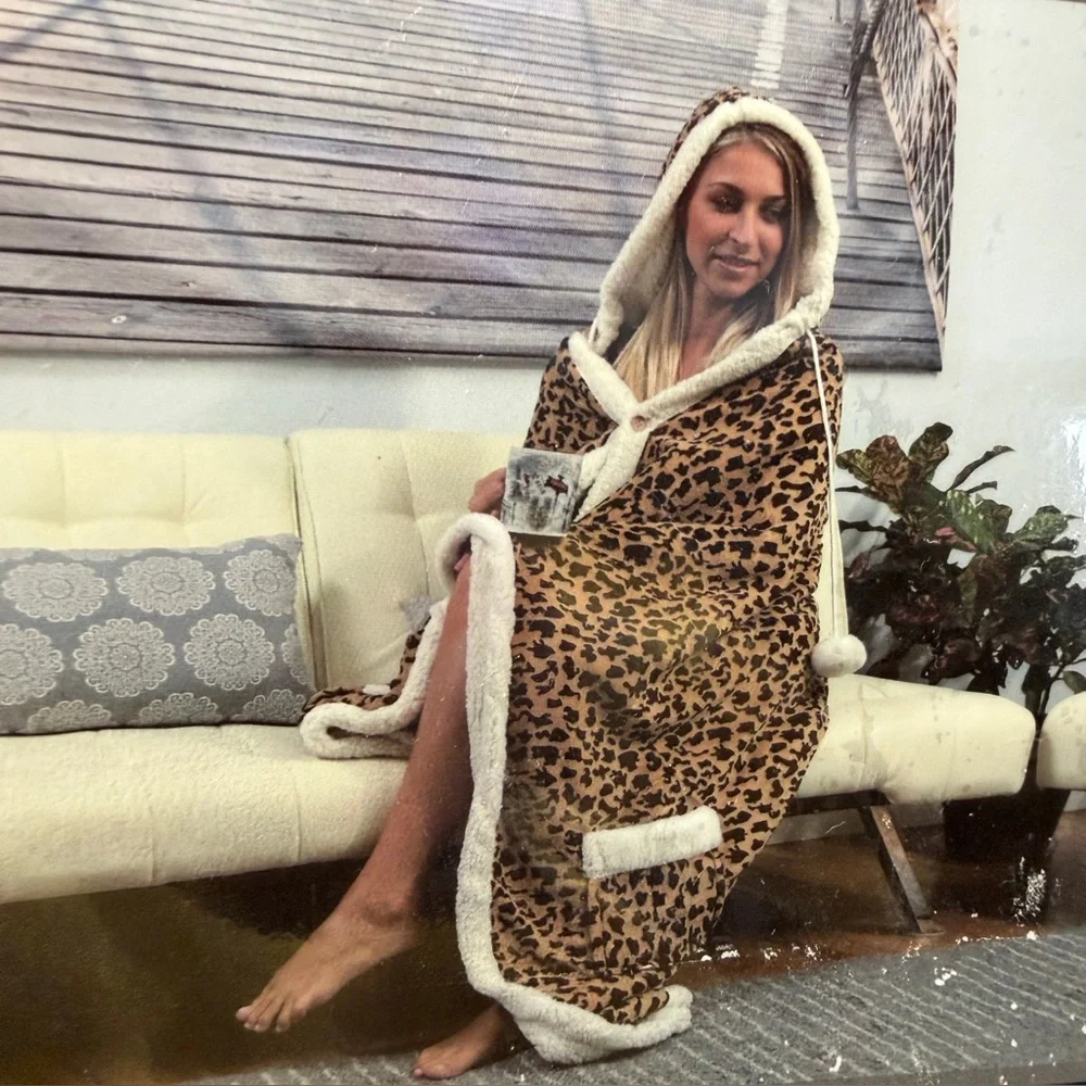 Hooded wrap sherpa blanket leopard print brown 51” x 71” by Chic Home Designs NY